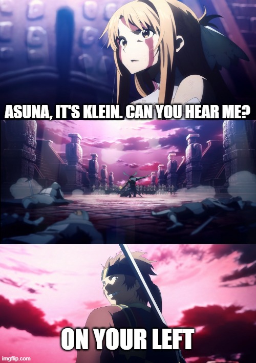 SAO On your left | ASUNA, IT'S KLEIN. CAN YOU HEAR ME? ON YOUR LEFT | image tagged in sao,anime | made w/ Imgflip meme maker