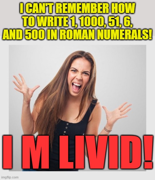 Using Roman Numerals makes me so angry! | I CAN'T REMEMBER HOW TO WRITE 1, 1000, 51, 6, AND 500 IN ROMAN NUMERALS! I M LIVID! | image tagged in angry girl,memes,numbers | made w/ Imgflip meme maker