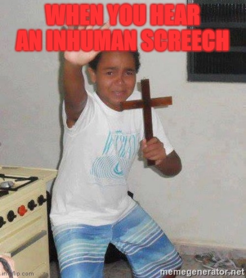 scared kid holding a cross | WHEN YOU HEAR AN INHUMAN SCREECH | image tagged in scared kid holding a cross | made w/ Imgflip meme maker