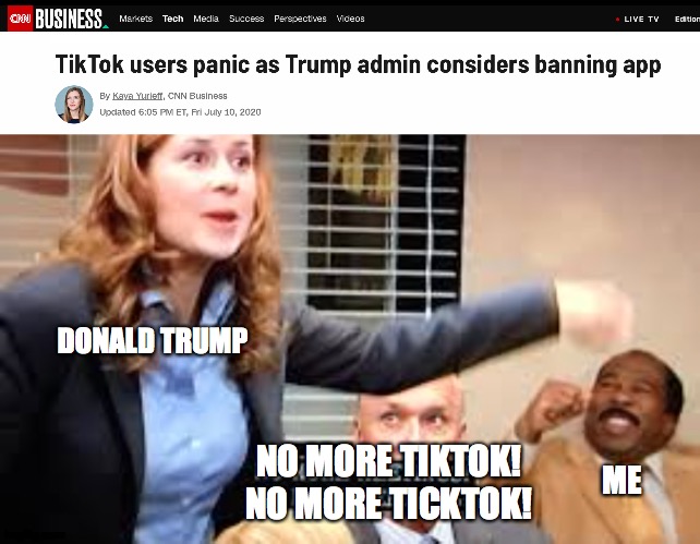 No More Tiktok! | DONALD TRUMP; NO MORE TIKTOK!
NO MORE TICKTOK! ME | image tagged in tiktok,the office,stanley,donald trump,stanley cheering | made w/ Imgflip meme maker