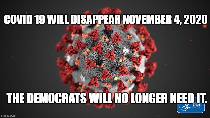 Democrats won't need Covid 19 after the 2020 Election | COVID 19 WILL DISAPPEAR NOVEMBER 4, 2020; THE DEMOCRATS WILL NO LONGER NEED IT. | image tagged in covid 19,democrats,2020,election | made w/ Imgflip meme maker