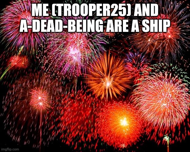 fireworks | ME (TROOPER25) AND A-DEAD-BEING ARE A SHIP | image tagged in fireworks,congratulations | made w/ Imgflip meme maker