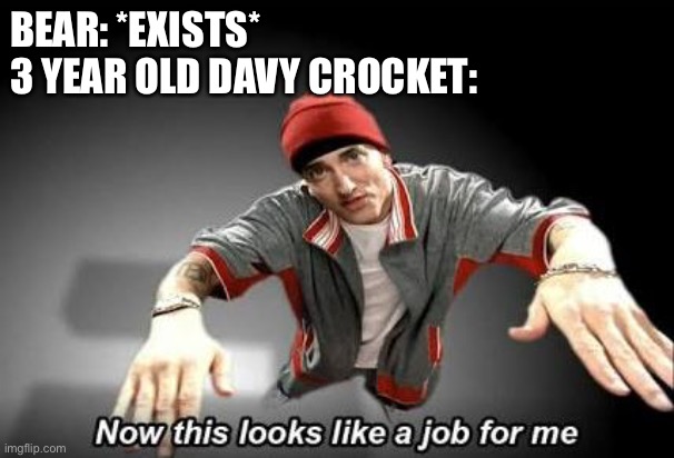 Davy Crocket | BEAR: *EXISTS*
3 YEAR OLD DAVY CROCKET: | image tagged in now this looks like a job for me,davy crocket,bear | made w/ Imgflip meme maker