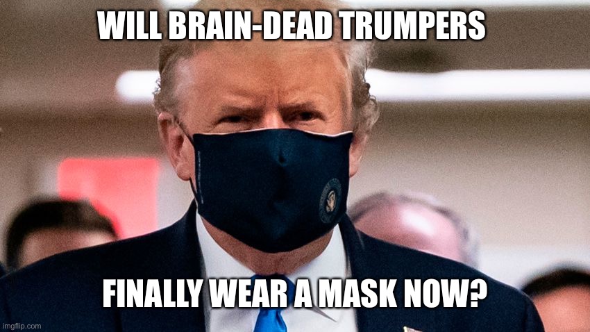 Follow the leader | WILL BRAIN-DEAD TRUMPERS FINALLY WEAR A MASK NOW? | image tagged in trump,mask,pandemic,covid19 | made w/ Imgflip meme maker