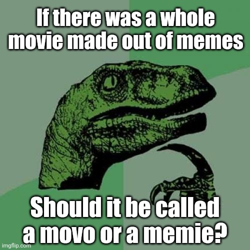 Movo or Memie? | If there was a whole movie made out of memes; Should it be called a movo or a memie? | image tagged in philosoraptor,memes,movies | made w/ Imgflip meme maker