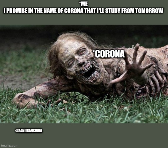 Yeah_I'll_study | *ME
I PROMISE IN THE NAME OF CORONA THAT I'LL STUDY FROM TOMORROW; *CORONA; @SANJIBANSINHA | image tagged in walking dead zombie | made w/ Imgflip meme maker