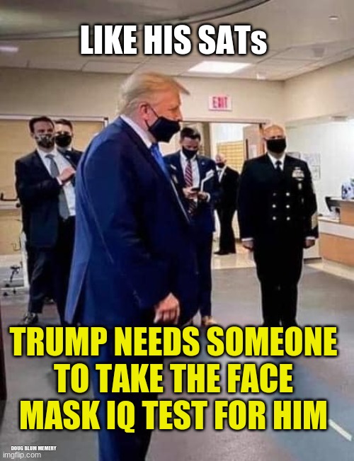trump mask test fail | LIKE HIS SATs; TRUMP NEEDS SOMEONE TO TAKE THE FACE MASK IQ TEST FOR HIM; DOUG BLUM MEMERY | image tagged in donald trump,mask | made w/ Imgflip meme maker