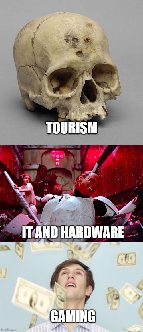 Thriving industries and uhhhhh | TOURISM; IT AND HARDWARE; GAMING | image tagged in covid-19,truth,stocks | made w/ Imgflip meme maker
