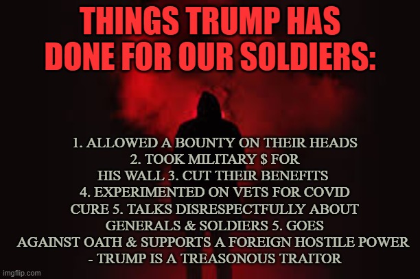 Things Trump has done for Our Soldiers | THINGS TRUMP HAS DONE FOR OUR SOLDIERS:; 1. ALLOWED A BOUNTY ON THEIR HEADS
2. TOOK MILITARY $ FOR HIS WALL 3. CUT THEIR BENEFITS 
4. EXPERIMENTED ON VETS FOR COVID CURE 5. TALKS DISRESPECTFULLY ABOUT GENERALS & SOLDIERS 5. GOES AGAINST OATH & SUPPORTS A FOREIGN HOSTILE POWER 
- TRUMP IS A TREASONOUS TRAITOR | image tagged in vets,veterans,soldiers,trump,treason | made w/ Imgflip meme maker