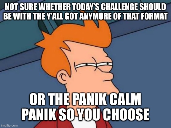 You choose |  NOT SURE WHETHER TODAY’S CHALLENGE SHOULD BE WITH THE Y’ALL GOT ANYMORE OF THAT FORMAT; OR THE PANIK CALM PANIK SO YOU CHOOSE | image tagged in memes,futurama fry | made w/ Imgflip meme maker