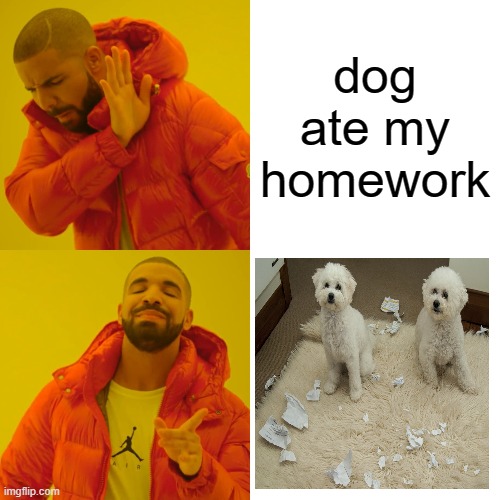 always have evidence. | dog ate my homework | image tagged in memes,drake hotline bling | made w/ Imgflip meme maker