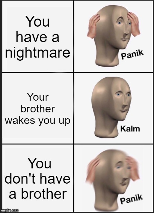 Panik Kalm Panik Meme | You have a nightmare; Your brother wakes you up; You don't have a brother | image tagged in memes,panik kalm panik | made w/ Imgflip meme maker