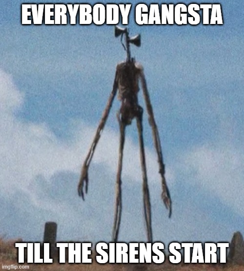 I could't put this in the fun category | EVERYBODY GANGSTA; TILL THE SIRENS START | image tagged in siren head | made w/ Imgflip meme maker