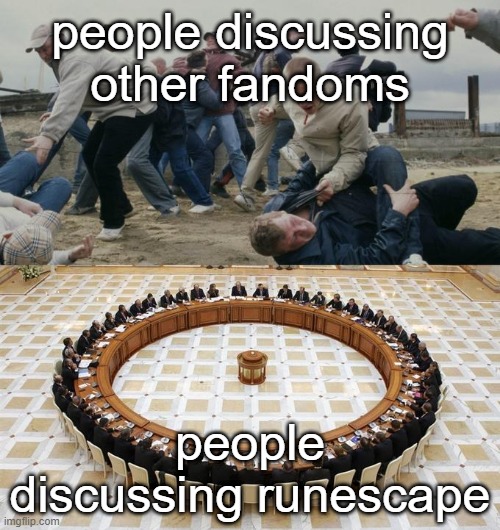 discussion | people discussing other fandoms; people discussing runescape | image tagged in men discussing men fighting,gaming,memes,runescape | made w/ Imgflip meme maker