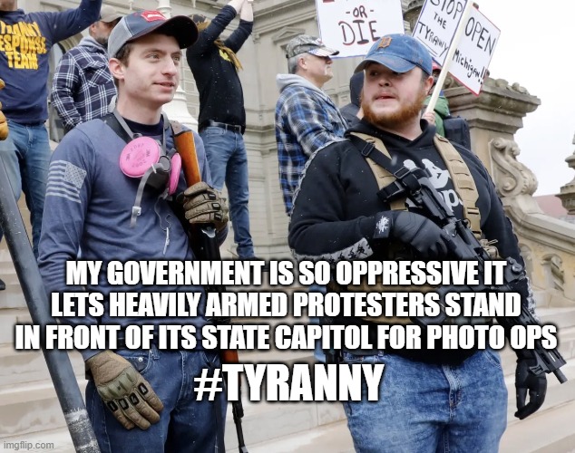 I do not think you know what that word means | MY GOVERNMENT IS SO OPPRESSIVE IT LETS HEAVILY ARMED PROTESTERS STAND IN FRONT OF ITS STATE CAPITOL FOR PHOTO OPS; #TYRANNY | image tagged in losers | made w/ Imgflip meme maker