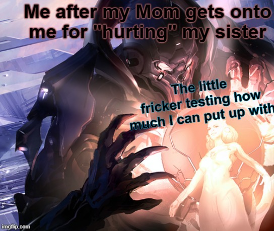 The Didact's Frustration | Me after my Mom gets onto me for "hurting" my sister; The little fricker testing how much I can put up with | image tagged in the didact's frustration | made w/ Imgflip meme maker
