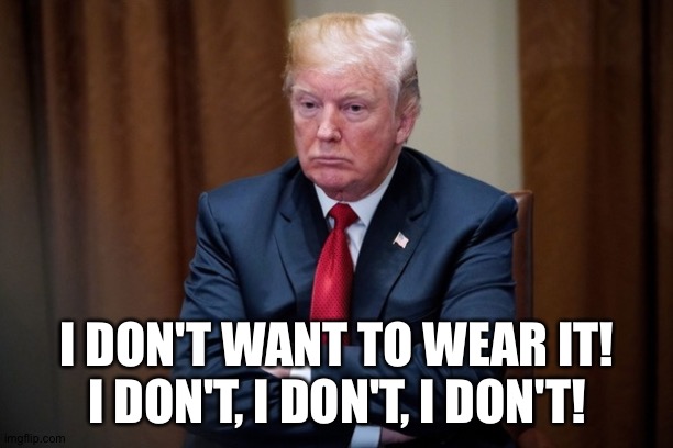 Man Baby Trump | I DON'T WANT TO WEAR IT!
I DON'T, I DON'T, I DON'T! | image tagged in man baby trump | made w/ Imgflip meme maker