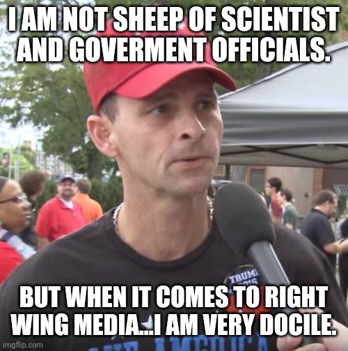 The mask of submission | I AM NOT SHEEP OF SCIENTIST AND GOVERMENT OFFICIALS. BUT WHEN IT COMES TO RIGHT WING MEDIA...I AM VERY DOCILE. | image tagged in trump supporter,covid19,covid-19,coronavirus,conservatives,face mask | made w/ Imgflip meme maker