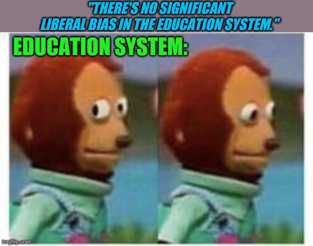 side eye teddy | "THERE'S NO SIGNIFICANT LIBERAL BIAS IN THE EDUCATION SYSTEM."; EDUCATION SYSTEM: | image tagged in side eye teddy | made w/ Imgflip meme maker