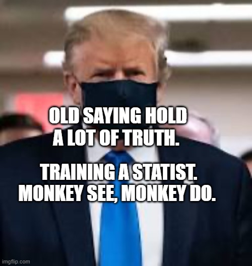 Trump Mask | OLD SAYING HOLD A LOT OF TRUTH. TRAINING A STATIST. MONKEY SEE, MONKEY DO. | image tagged in trump mask | made w/ Imgflip meme maker