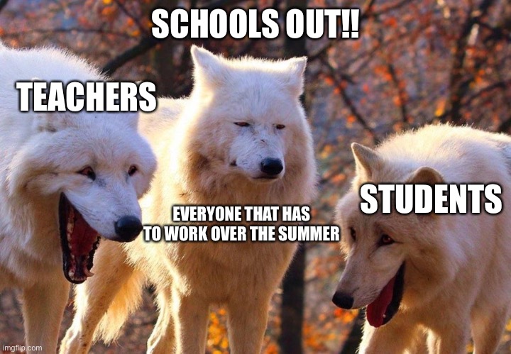 2/3 wolves laugh | SCHOOLS OUT!! TEACHERS; STUDENTS; EVERYONE THAT HAS TO WORK OVER THE SUMMER | image tagged in 2/3 wolves laugh | made w/ Imgflip meme maker