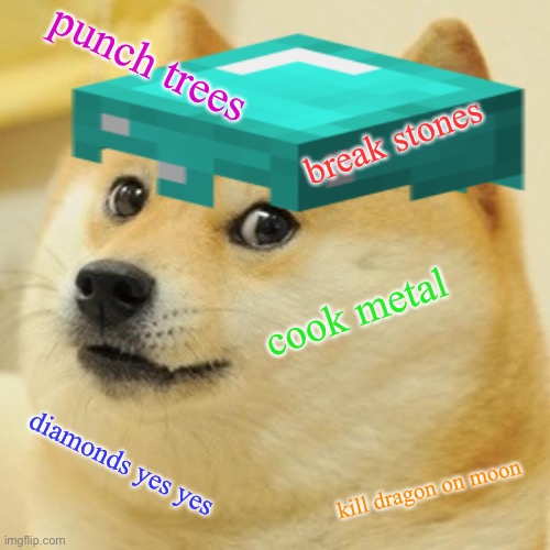 Minecraft in a nutshell | punch trees; break stones; cook metal; diamonds yes yes; kill dragon on moon | image tagged in doge,minecraft | made w/ Imgflip meme maker