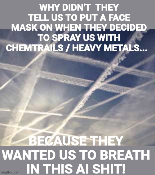 Chemtrails 234 | WHY DIDN'T  THEY TELL US TO PUT A FACE MASK ON WHEN THEY DECIDED TO SPRAY US WITH CHEMTRAILS / HEAVY METALS... BECAUSE THEY WANTED US TO BREATH IN THIS AI SHIT! | image tagged in chemtrails 234 | made w/ Imgflip meme maker