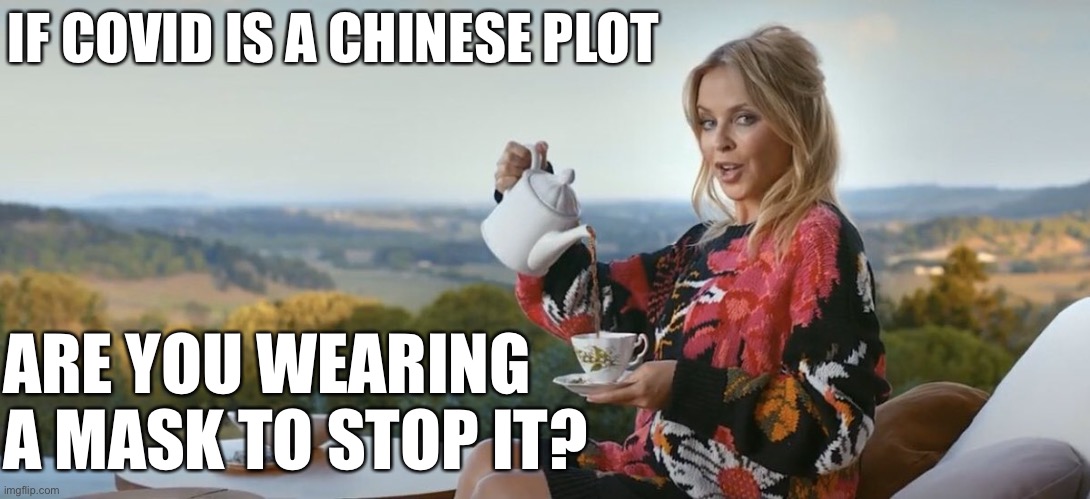 Simple question for Covid conspiracy theorists. | IF COVID IS A CHINESE PLOT; ARE YOU WEARING A MASK TO STOP IT? | image tagged in kylie tea,conspiracy theory,conspiracy theories,face mask,conservative logic,pandemic | made w/ Imgflip meme maker