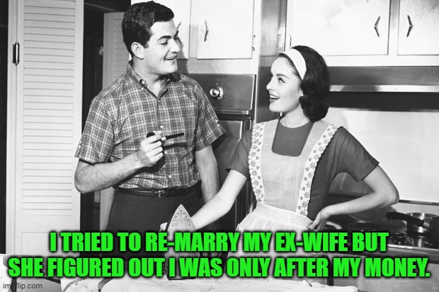 Vintage Husband and Wife | I TRIED TO RE-MARRY MY EX-WIFE BUT SHE FIGURED OUT I WAS ONLY AFTER MY MONEY. | image tagged in vintage husband and wife | made w/ Imgflip meme maker