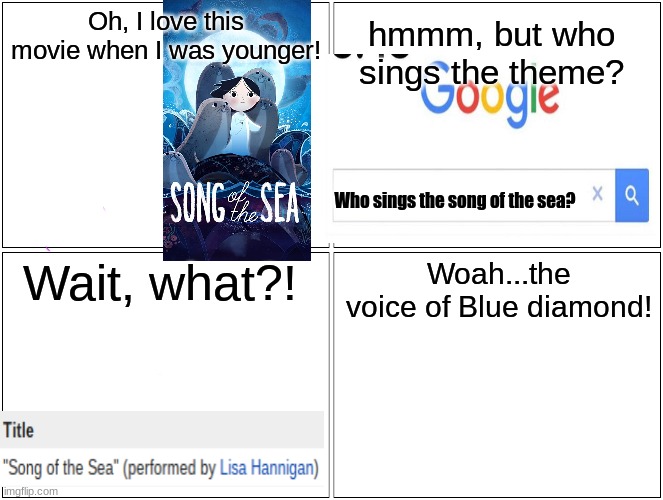 I can't be the only one who watched this movie before | Oh, I love this movie when I was younger! hmmm, but who sings the theme? Who sings the song of the sea? Wait, what?! Woah...the voice of Blue diamond! | image tagged in memes,song,the sea,discovery | made w/ Imgflip meme maker