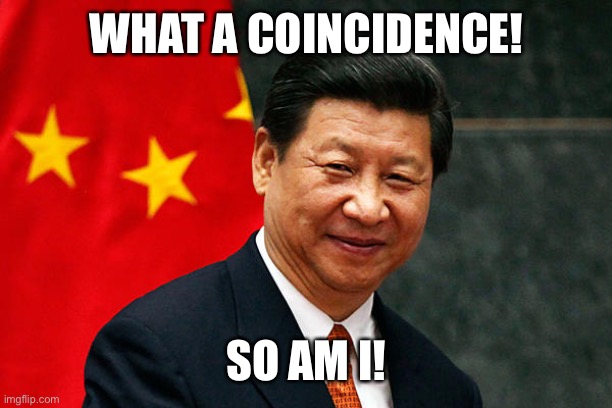 Xi Jinping | WHAT A COINCIDENCE! SO AM I! | image tagged in xi jinping | made w/ Imgflip meme maker