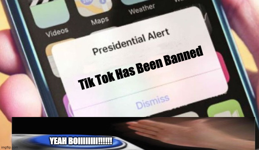 TIK TOK = N   O | Tik Tok Has Been Banned; YEAH BOIIIIIIII!!!!!! | image tagged in memes,presidential alert,button,yeah boiiiiiiii | made w/ Imgflip meme maker