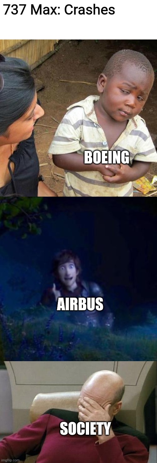 Max | 737 Max: Crashes; BOEING; AIRBUS; SOCIETY | image tagged in memes,third world skeptical kid,captain picard facepalm,toothless impressing light fury | made w/ Imgflip meme maker