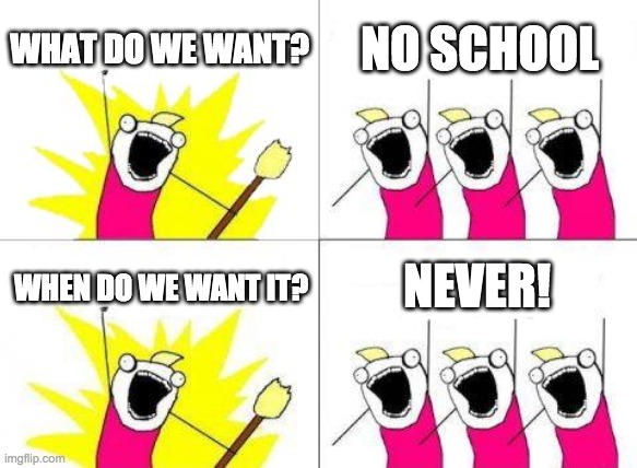 What Do We Want Meme | WHAT DO WE WANT? NO SCHOOL; NEVER! WHEN DO WE WANT IT? | image tagged in memes,what do we want | made w/ Imgflip meme maker