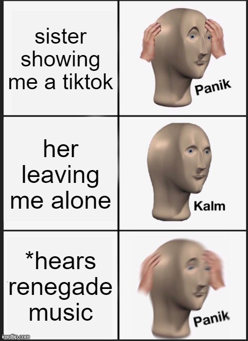 Panik Kalm Panik | sister showing me a tiktok; her leaving me alone; *hears renegade music | image tagged in memes,panik kalm panik | made w/ Imgflip meme maker