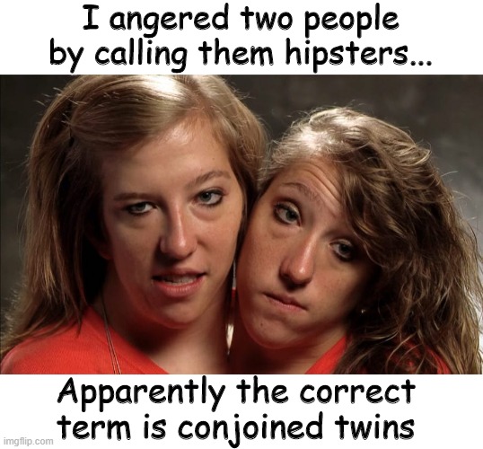 Stuck Together | I angered two people by calling them hipsters... Apparently the correct term is conjoined twins | image tagged in siamese twins | made w/ Imgflip meme maker