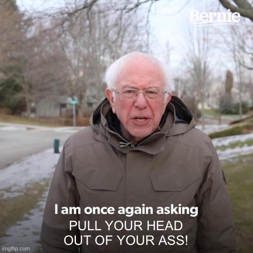 Bernie I Am Once Again Asking For Your Support Meme | PULL YOUR HEAD OUT OF YOUR ASS! | image tagged in memes,bernie i am once again asking for your support | made w/ Imgflip meme maker