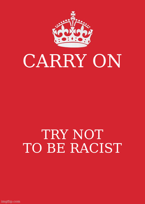 Keep Calm And Carry On Red Meme | CARRY ON; TRY NOT TO BE RACIST | image tagged in memes,keep calm and carry on red | made w/ Imgflip meme maker
