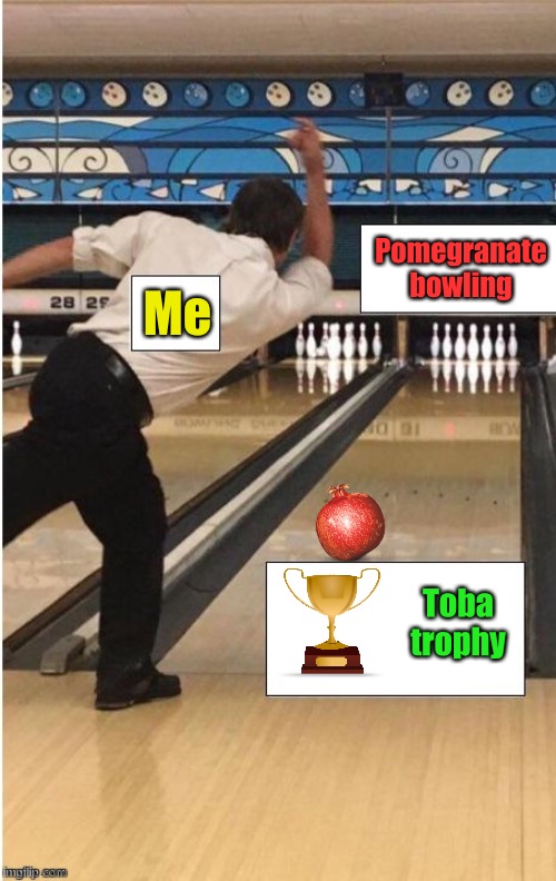 Strike! | Pomegranate bowling; Me; Toba trophy | image tagged in bowling,pomegranates,memes,funny,the bureau of awards | made w/ Imgflip meme maker