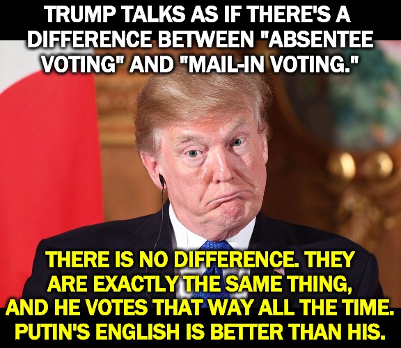Trump's English is terrible. Are you sure he's not an immigrant? | TRUMP TALKS AS IF THERE'S A 
DIFFERENCE BETWEEN "ABSENTEE VOTING" AND "MAIL-IN VOTING."; THERE IS NO DIFFERENCE. THEY ARE EXACTLY THE SAME THING, AND HE VOTES THAT WAY ALL THE TIME. PUTIN'S ENGLISH IS BETTER THAN HIS. | image tagged in trump,idiot,slow,stupid,fool,incompetence | made w/ Imgflip meme maker