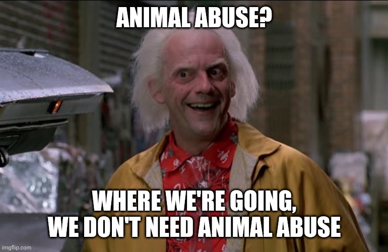 Doc Brown | ANIMAL ABUSE? WHERE WE'RE GOING, WE DON'T NEED ANIMAL ABUSE | image tagged in doc brown | made w/ Imgflip meme maker