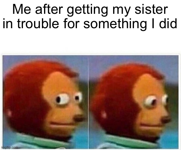 I’m a terrible brother |  Me after getting my sister in trouble for something I did | image tagged in memes,monkey puppet,trouble | made w/ Imgflip meme maker