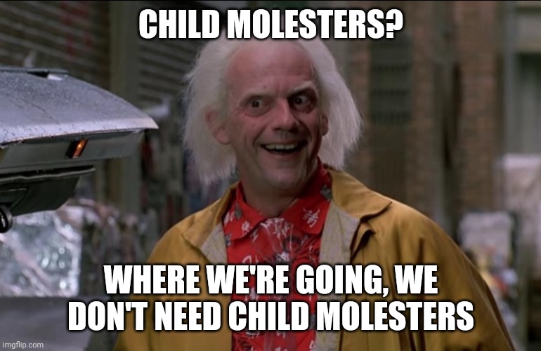 Doc Brown | CHILD MOLESTERS? WHERE WE'RE GOING, WE DON'T NEED CHILD MOLESTERS | image tagged in doc brown | made w/ Imgflip meme maker