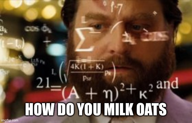 Trying to calculate how much sleep I can get | HOW DO YOU MILK OATS | image tagged in trying to calculate how much sleep i can get | made w/ Imgflip meme maker