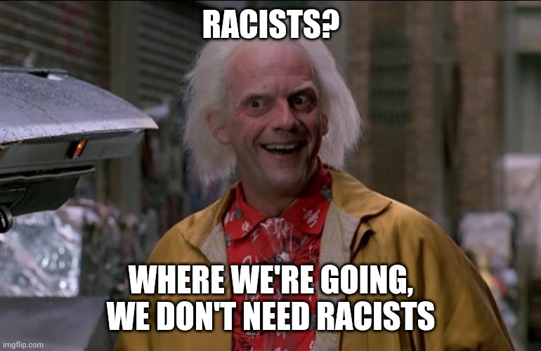 Doc Brown | RACISTS? WHERE WE'RE GOING, WE DON'T NEED RACISTS | image tagged in doc brown | made w/ Imgflip meme maker