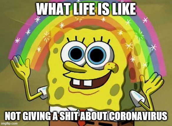 Imagination Spongebob | WHAT LIFE IS LIKE; NOT GIVING A SHIT ABOUT CORONAVIRUS | image tagged in memes,imagination spongebob | made w/ Imgflip meme maker