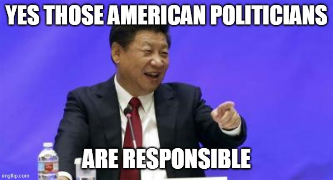 Xi Jinping Laughing | YES THOSE AMERICAN POLITICIANS ARE RESPONSIBLE | image tagged in xi jinping laughing | made w/ Imgflip meme maker