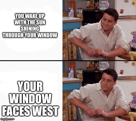 Comprehending Joey | YOU WAKE UP WITH THE SUN SHINING THROUGH YOUR WINDOW; YOUR WINDOW FACES WEST | image tagged in comprehending joey | made w/ Imgflip meme maker