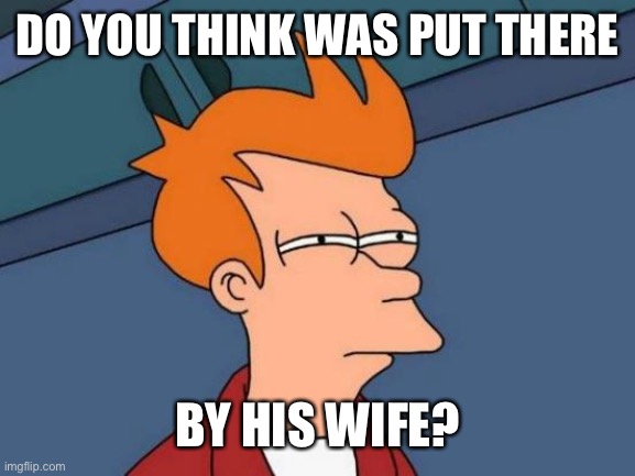 Futurama Fry Meme | DO YOU THINK WAS PUT THERE BY HIS WIFE? | image tagged in memes,futurama fry | made w/ Imgflip meme maker