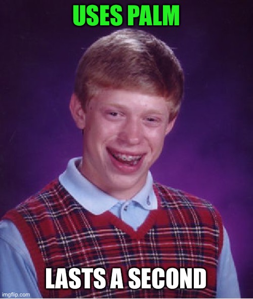 Bad Luck Brian Meme | USES PALM LASTS A SECOND | image tagged in memes,bad luck brian | made w/ Imgflip meme maker